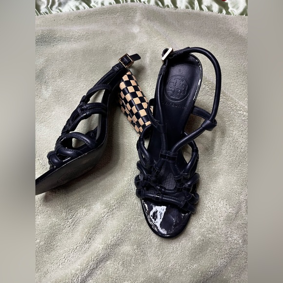 Tory Burch Black and Tan Strappy Block Heels - Picture 5 of 15